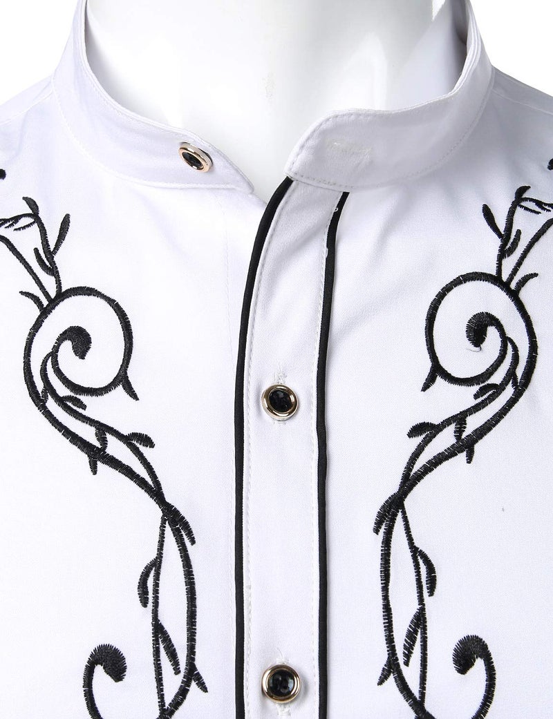 ZEROYAA Mens Western Design Floral Embroidery Slim Fit Long Sleeve Banded Collar Dress Shirts ZLCL19 White Small - Image 3